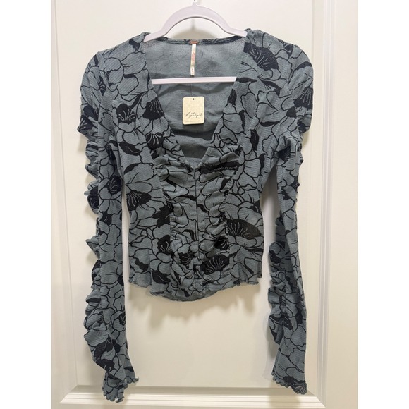 Free People Tops - Free People Floral Mesh Ruched V-Neck Top Blue‎ Black XS NEW Lettuce Edge Boho